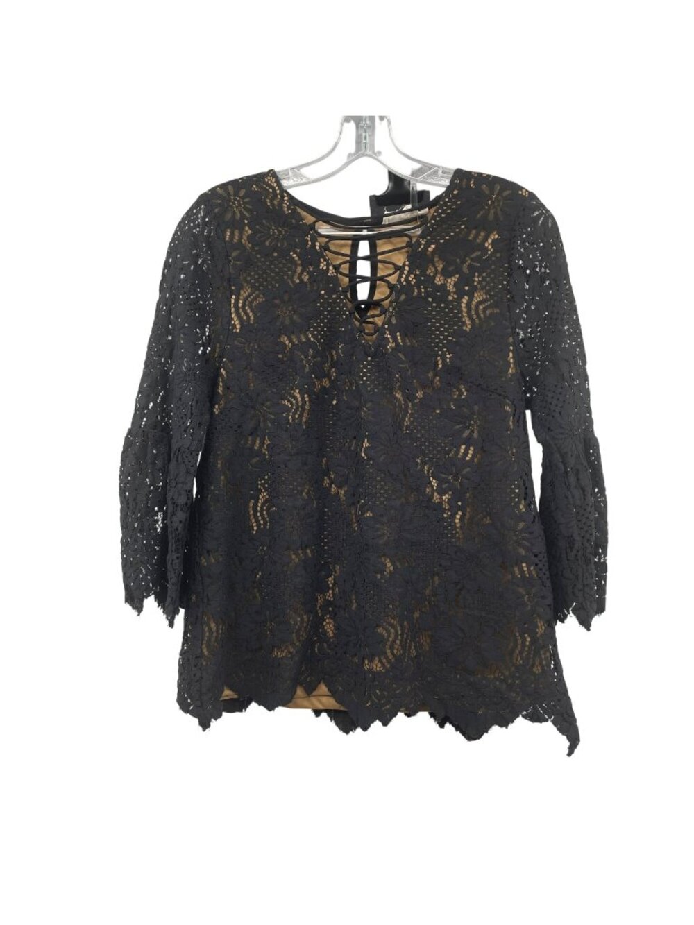 Entro Lace Overlay Top Criss Cross Neck 3/4 Flare Sleeve Black/Tan Size Small
